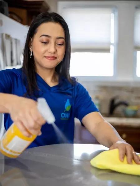 A woman in a blue shirt providing cleaning services in Boston by cleaning a kitchen counter.