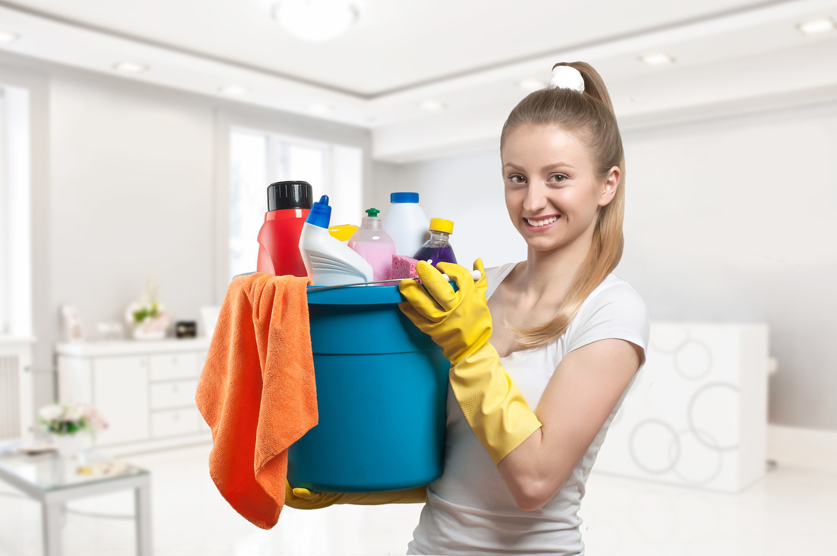 an image of a woman holding a bucket filled with cleaning supplies
