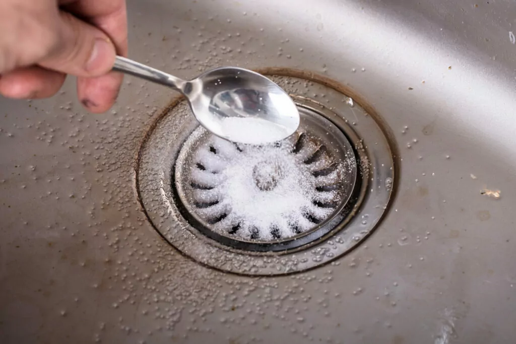 close-up photograph of a hand using a spoon to pour baking soda into a sink drain