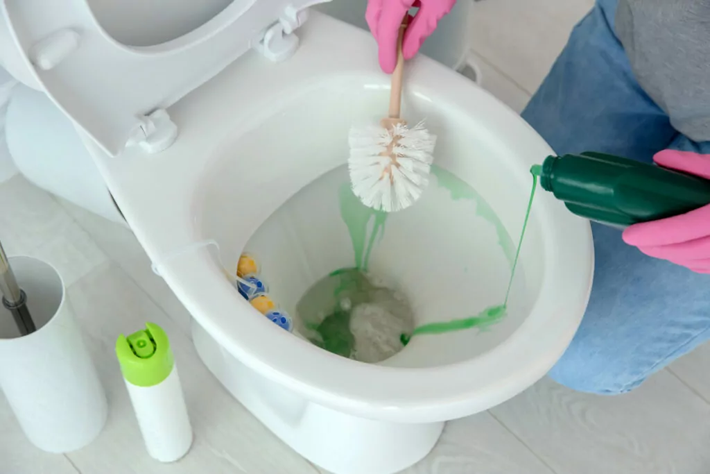 a pair of gloved hands dispensing toilet cleaner into a toilet bowl, while the other hand holds a cleaning brush