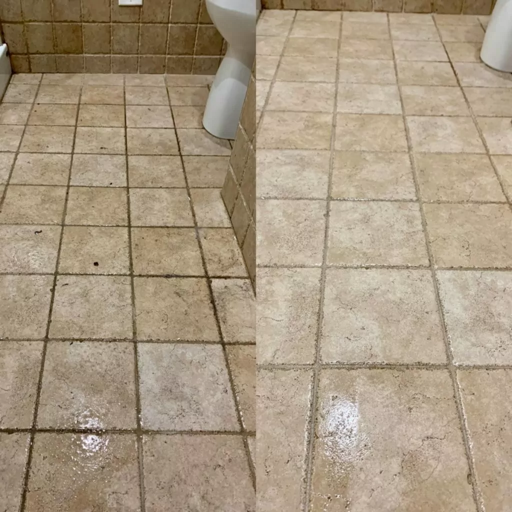 an image collage showing the transformation of a bathroom floor: one side displaying dirty tiles before cleaning, and the other revealing sparkling clean tiles after the cleaning process