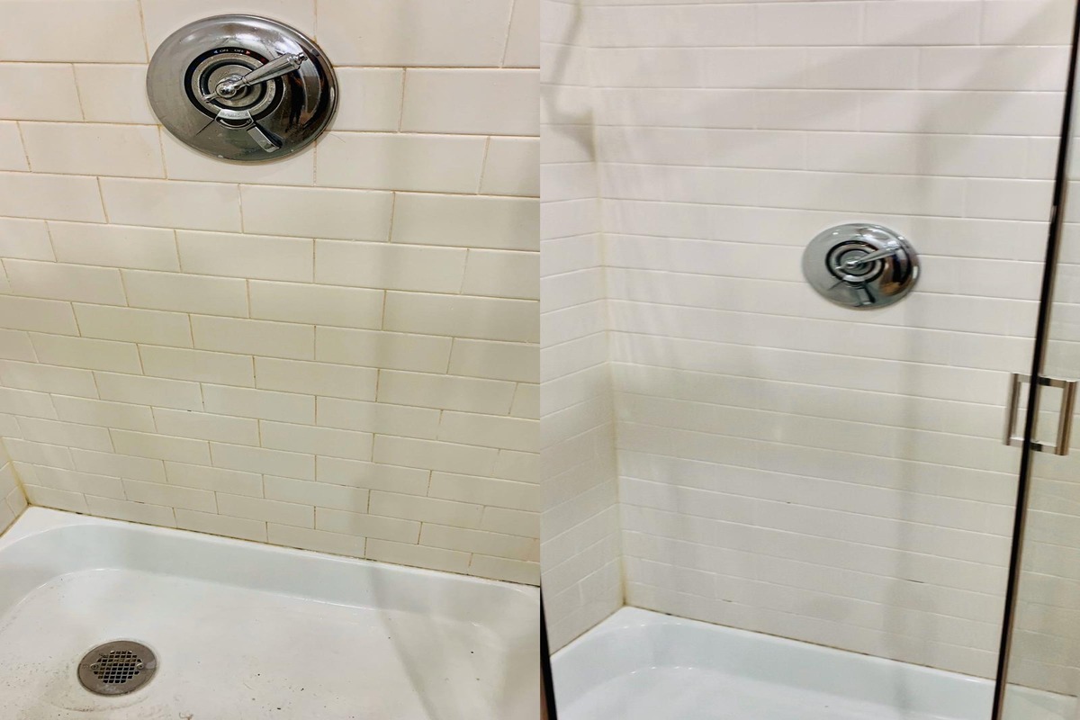 before and after photos of a bathroom wall transformation, showcasing the stark contrast between the dirty, grime-covered wall (left) and the pristine, freshly cleaned wall (right)