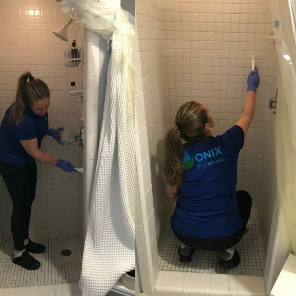 collage of two images depicting two female Onix cleaners diligently cleaning a shower room