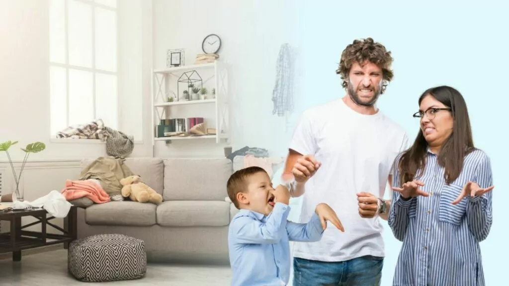 A family is standing in front of a living room, which has been impeccably cleaned by professional Airbnb cleaning services.