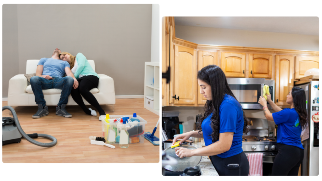 Two pictures of a woman cleaning a kitchen and a man cleaning a living room, perfect for showcasing Airbnb Cleaning Services.