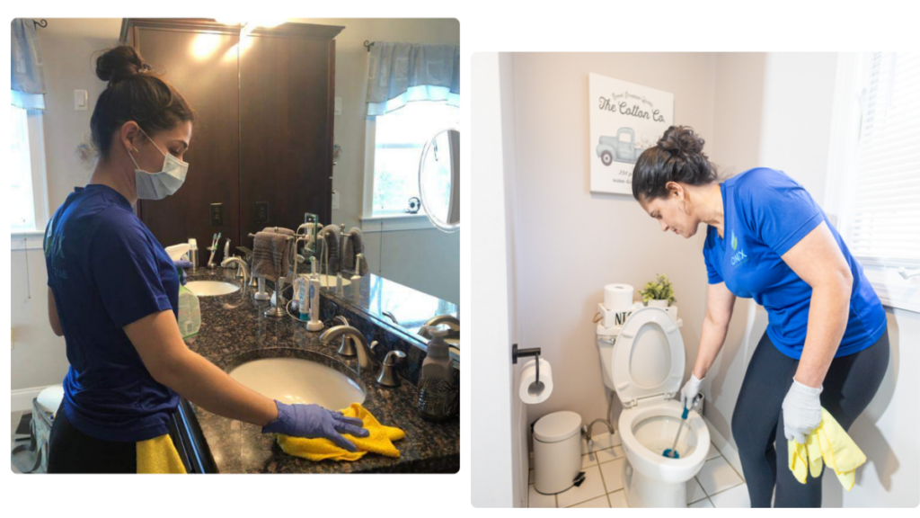 A woman meticulously cleaning a bathroom to perfection.
