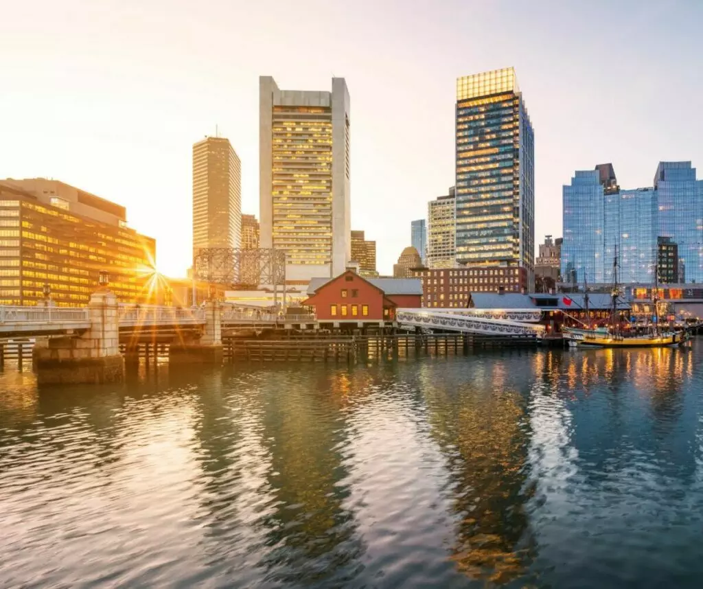 Boston, Massachusetts skyline at sunset.