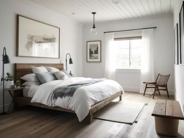 A serene and minimalist bedroom interior with a wooden bed, white bedding, natural light, and bedroom cleaning templates for maintaining its pristine condition.