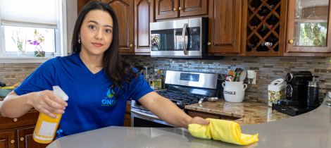 A woman in a blue shirt deep cleaning a kitchen counter.